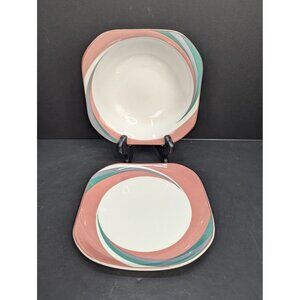 Sango Quadrille 5206 Pinwheel Pink Porcelain1 Rimmed Soup Bowl and 1 Salad Plate